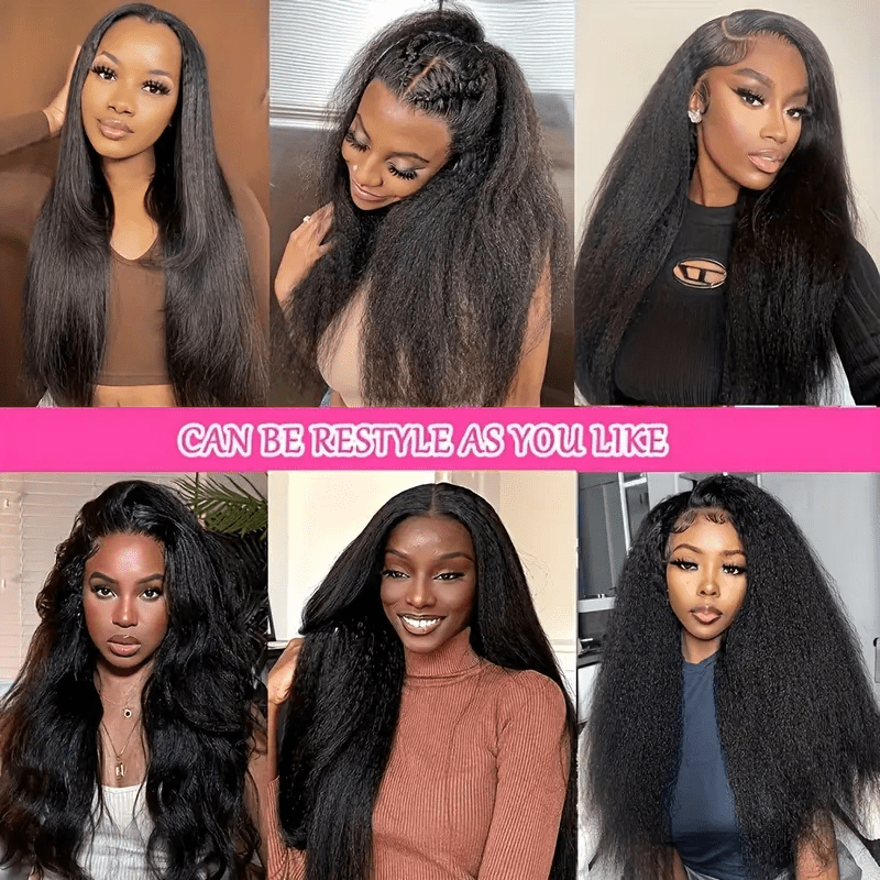 34" Kinky Straight Glueless Human Hair Wig with Pre-Plucked 4x4 HD Lace Closure, 180% Density, Natural Black - Long Yaki Texture for Women, Elegant Style, Perfect for Everyday or Special Occasions